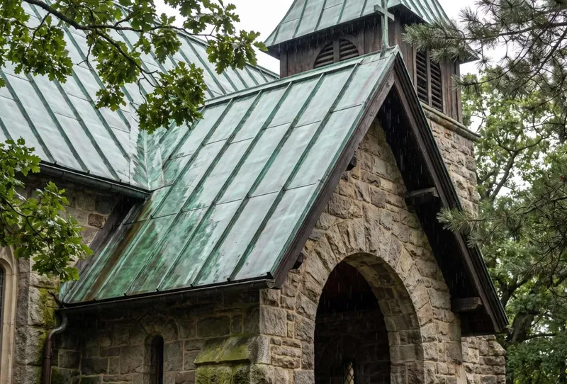 aged copper standing seam roof with green patina on a stone entry
