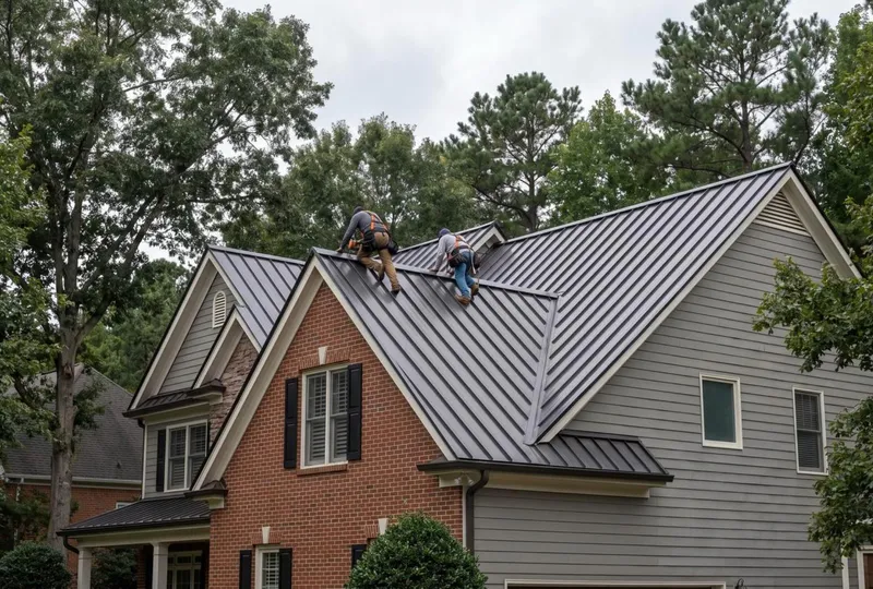 two roofers in harnesses fastening standing seam panels on a ridge