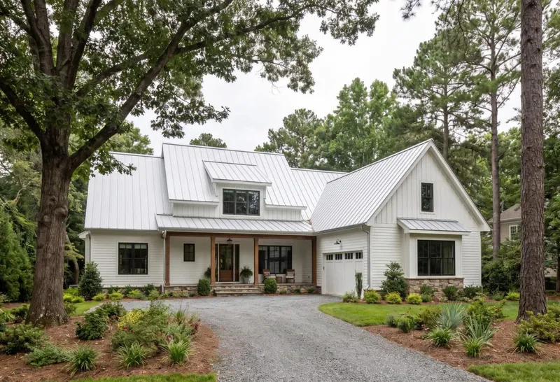 galvalume standing seam roof on a white modern farmhouse