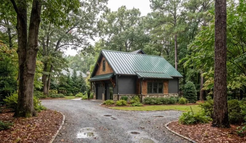 forest green standing seam metal roof on a detached garage