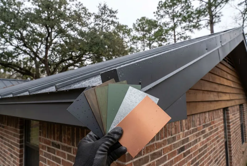 metal roof color sample chips held against a charcoal standing seam roof