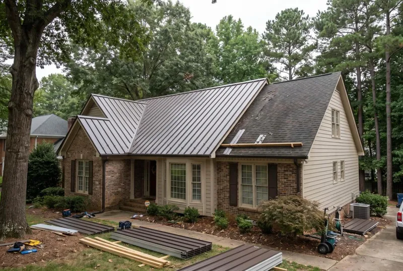 standing seam metal panels installed over existing shingles, half finished