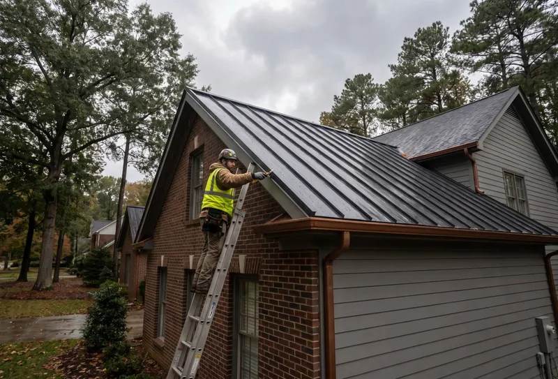 roofer on a ladder inspecting a standing seam at the gutter edge