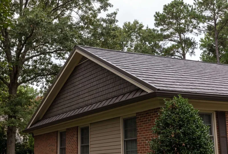 dark bronze metal shingle roof on a brick ranch home
