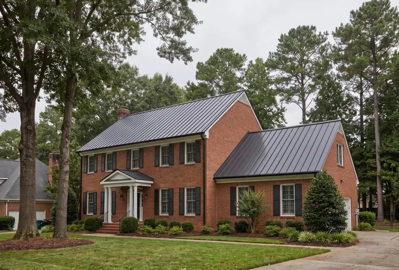 charcoal standing seam metal roof on a brick two-story colonial